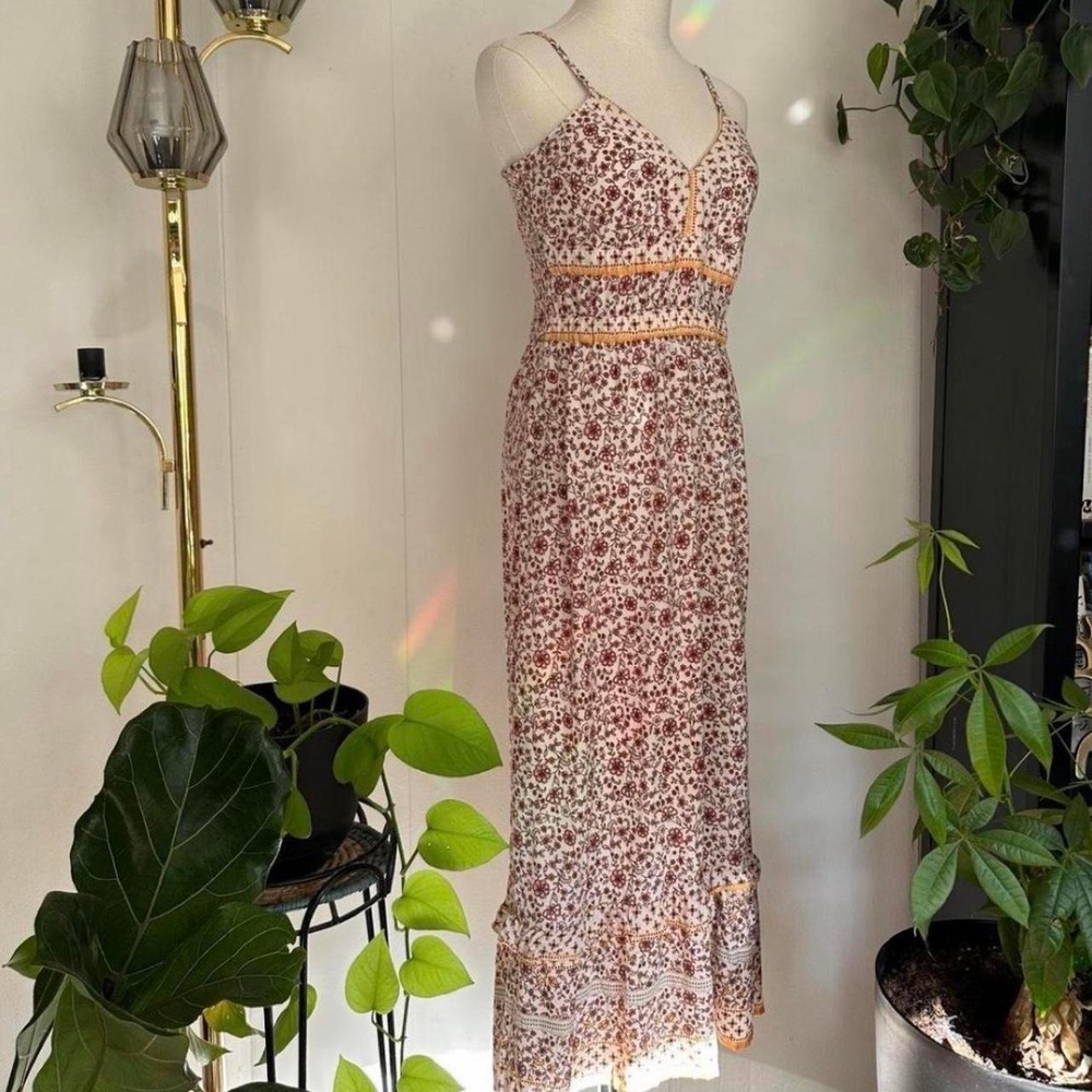 Japna Women Floral V-Neck Maxi Dress Tiered Ruffle Boho Cottagecore Yellow M